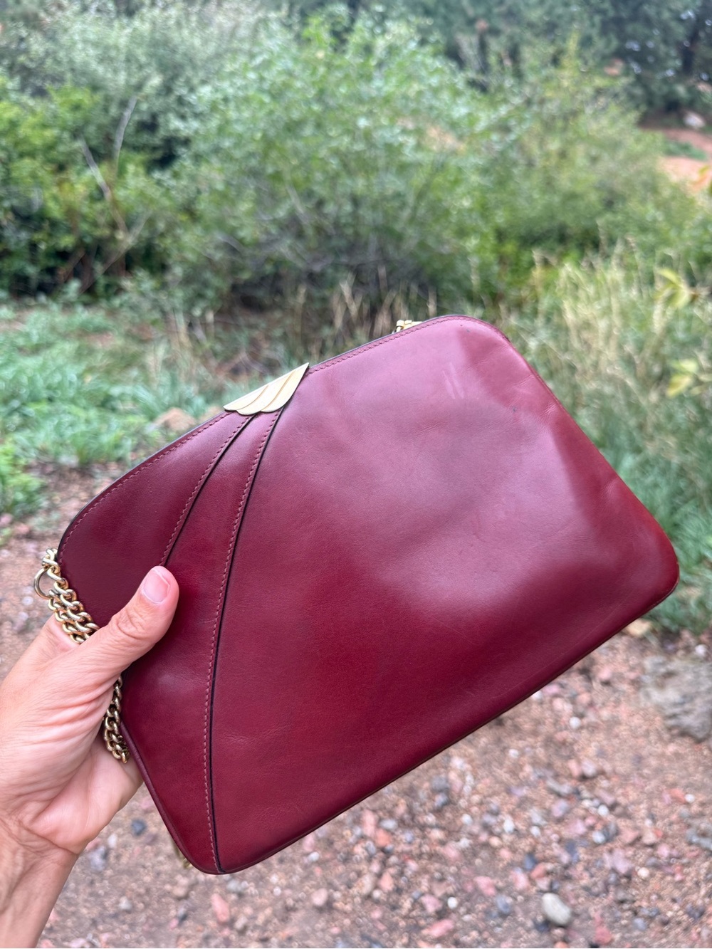 Salvatore Ferragamo Burgundy Leather Shoulder Bag with Gold Chain